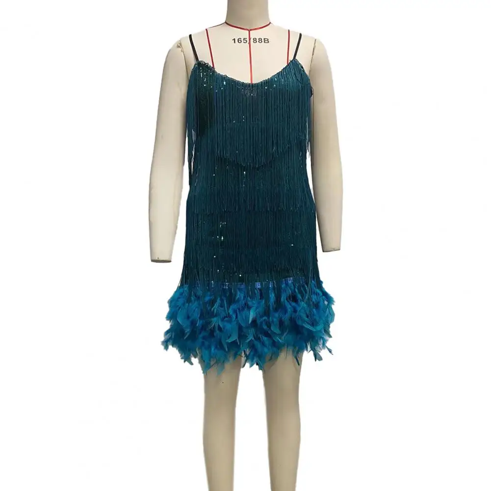 Women Dance Dress Sparkling Sequin Tassel V Neck Party Dress with Feather Decor for Women Backless Rumba Cha-cha Dance Costume