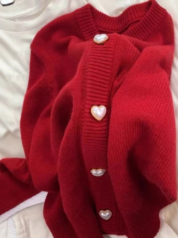 Neujahr Rot Gestrickte Offene Strickjacke Pullover Damen Herbst Winter Thiened Lazy Sle High End Top Pendeln Lose Fit Lange Sle...