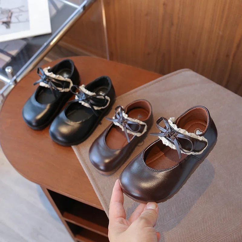 

2025 Summer New Girl's Bow Velcro Round Head Soft soled Small Leather Shoes Cute Princess Low Top Single Shoes