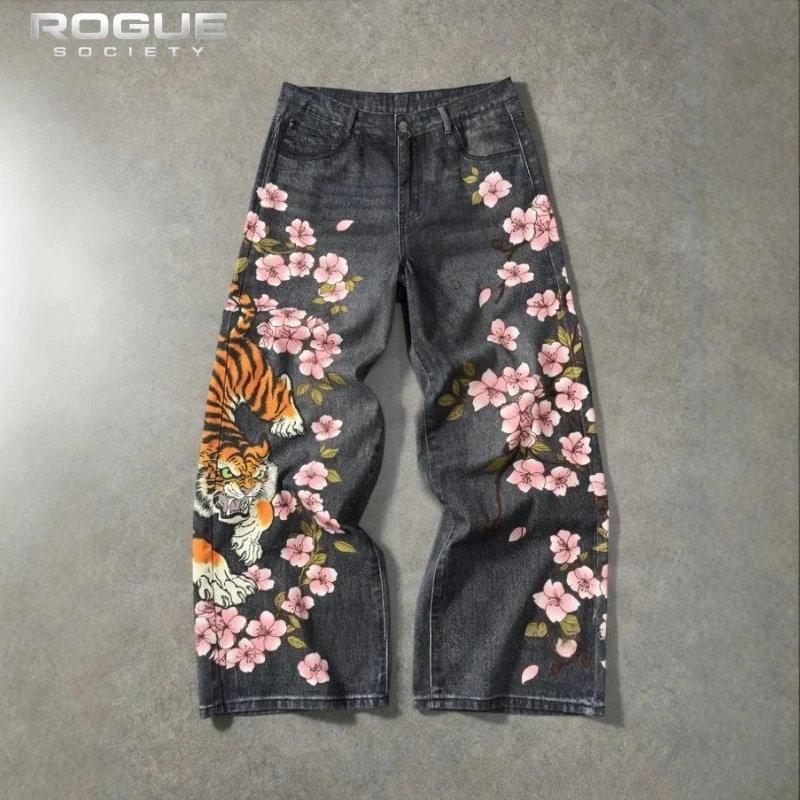 

Japanese Tiger Sakura Men Jeans Summer Y2K Wide Leg Denim Pants Streetwear Hip Hop Retro Harajuku Loose Vintage Trousers Unisex