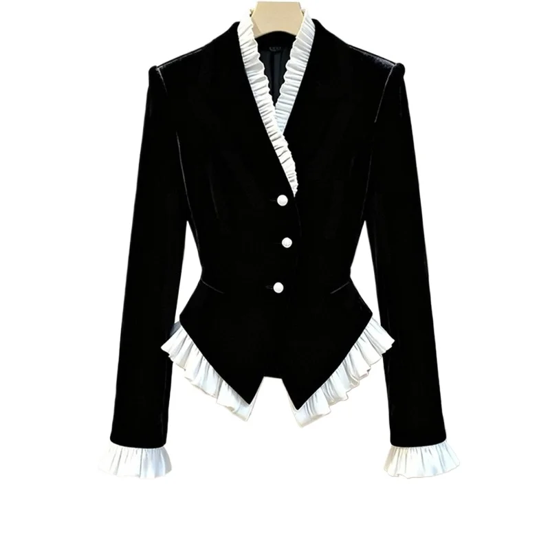 

Легкий стильный стиль, черная бархатная рубашка с рюшами по краям, женская весенне-осенняя новая модная куртка на талии в иностранном стиле, топ