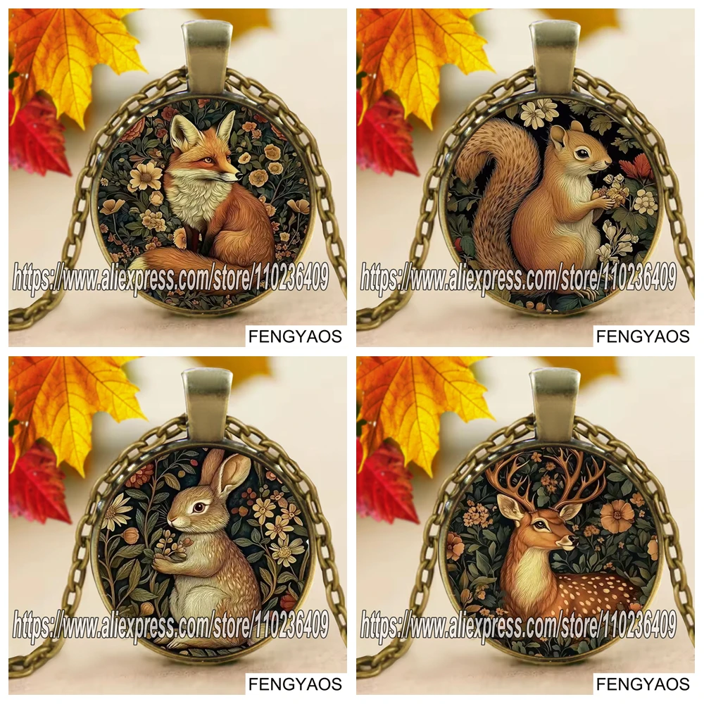 Vintage Bronze Color Floral Animal Necklace for Women Squirrel, Deer, Rabbit, Fox Neckalces