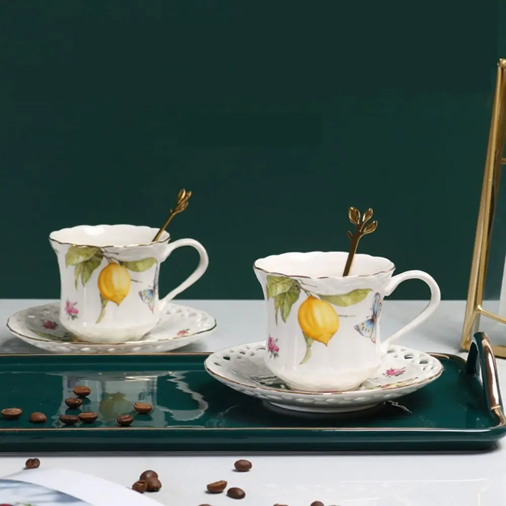 

Elegant 200ml European Espresso Cups Lemon and Butterfly Pattern Golden Spoon Tea Cup Coffee Mug Tea Set Afternoon Tea