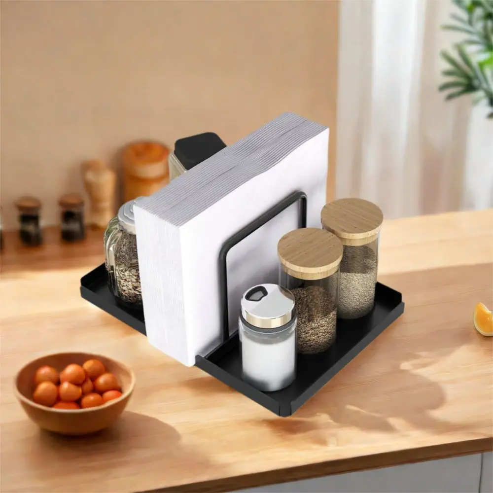 

Multifunctional Metal Napkin Holder Black Space Saving Vertical Paper Towel Rack Anti-slip Spice Bottle Storage Tray Office