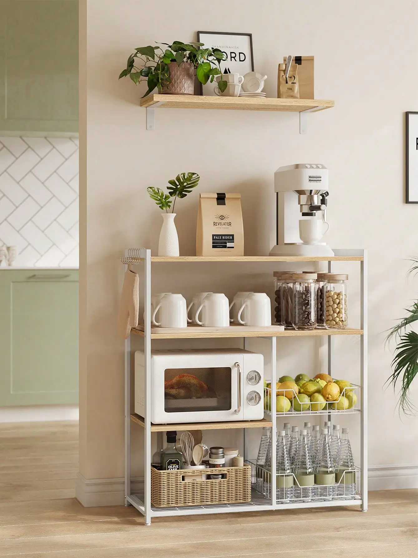 VASAGLE Kitchen Storage Rack, Coffee Bar, Baker Rack, 6 ripiani, 6 ganci, struttura in acciaio,