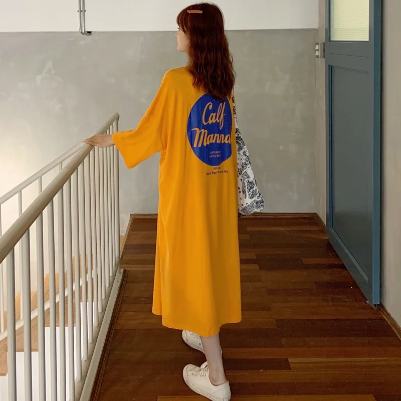 DAYIFUN-Women Loose Fitting Oversized T-Shirt Dress Three Quarter Sleeve Female Clothes Straight Dresses Korean Fashion Harajuku