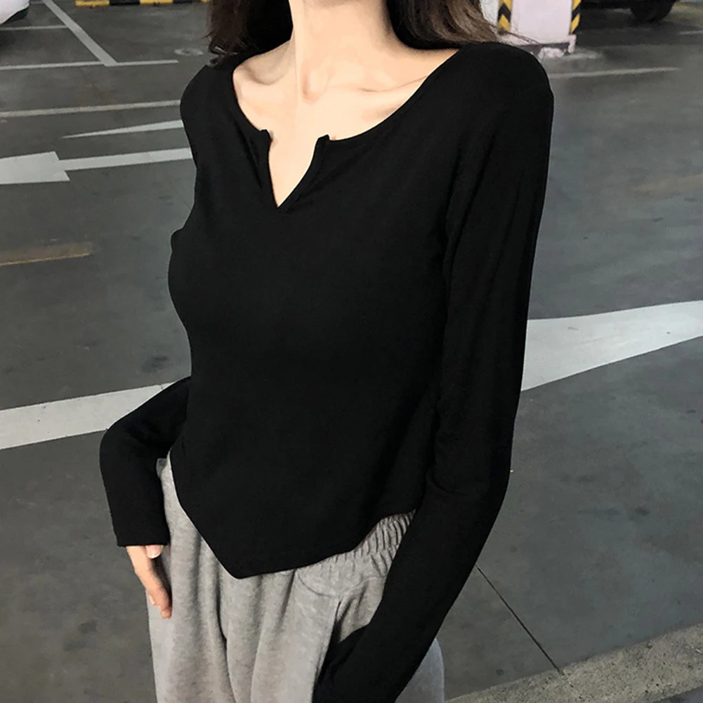 

Autumn Long Sleeve T Shirt for Women Casual Fit with Irregular Hem Design Slightly Stretchy Polyester Spandex Blend