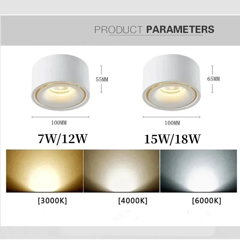 丸い表面に取り付けられたLEDシーリングライト,7W, 12W, 15W, 18W, 110V, 220V,ドライバーなしのスポットライト