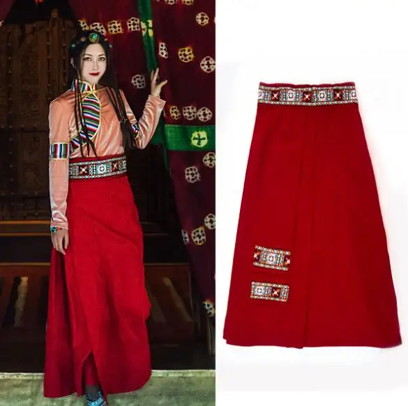 Chinese Tibet Guozhuang Tibetan Clothes Long Skirt Wrapped Skirt One Piece Half Skirt Girl