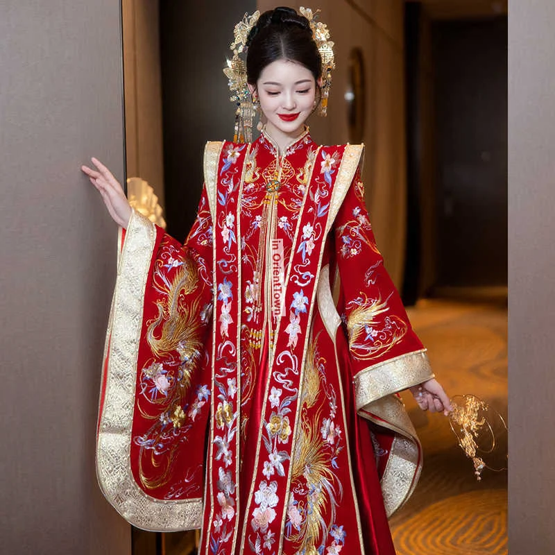 Velvet Xiuhe Costume Ancient China Traditional Weddin Bridal Red Dress Women Ming Dynasty Celebration Wedding Hanfu Robe TP028
