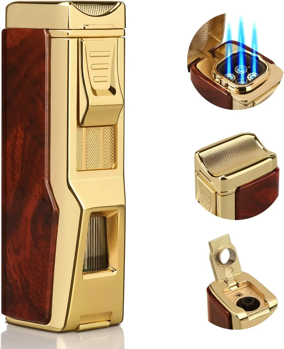 

Refillable Windproof Torch Lighter with 4 Jet Flames, Mahogany Finish - Ideal Gift for Men and Women