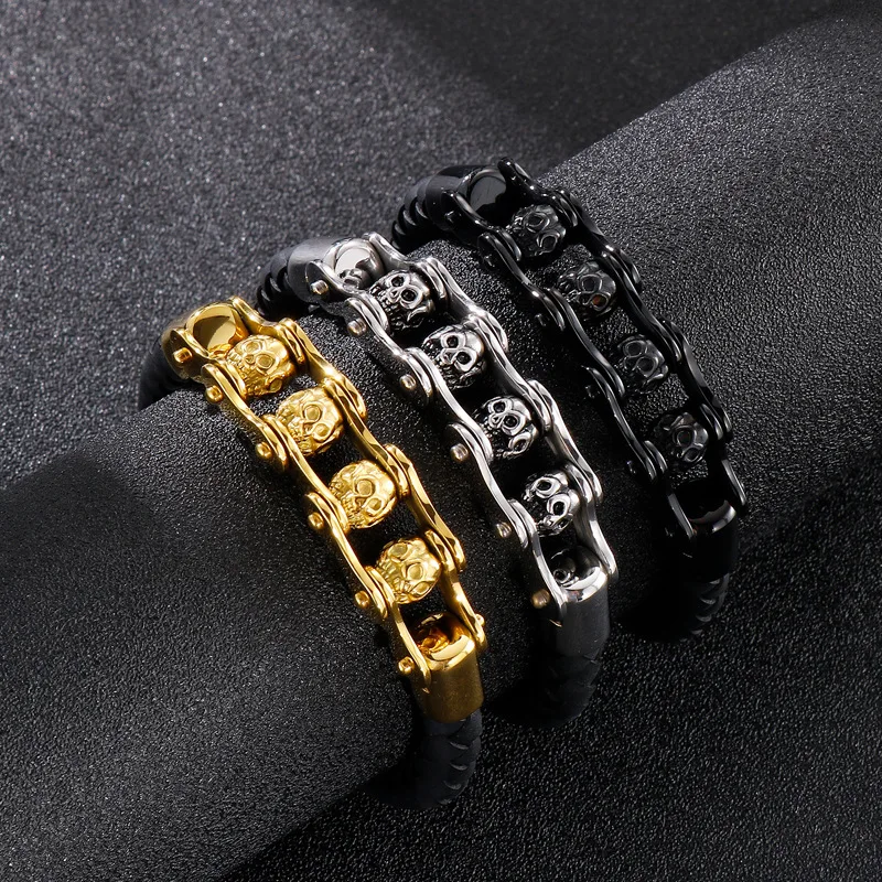 

Personality Punk Titanium Steel Skull Magnetic Buckle Leather Bracelet For Men Ghost Rotatable Stainless Bangle Antirust Jewelry