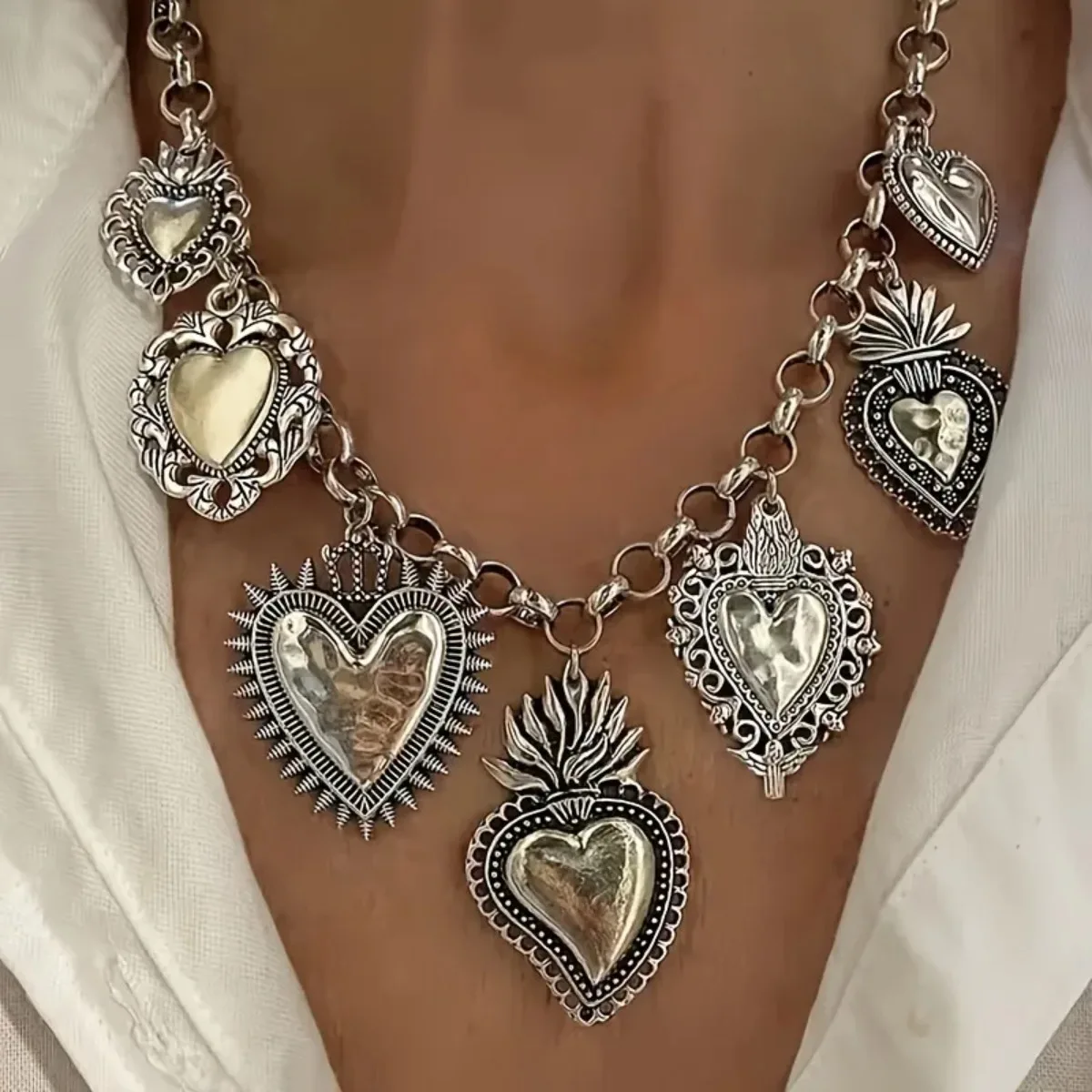 Bohemian Heart Pendant Necklace, Retro Multiple Charm Gold Color Chain Jewelry, Unique Women's Accessory