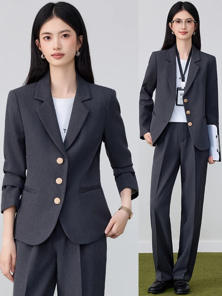 Gray Suit Set for Women Spring Autumn Three-Button Professional Interview Wardrobe Classic Commute Style Loose Fit Polyester