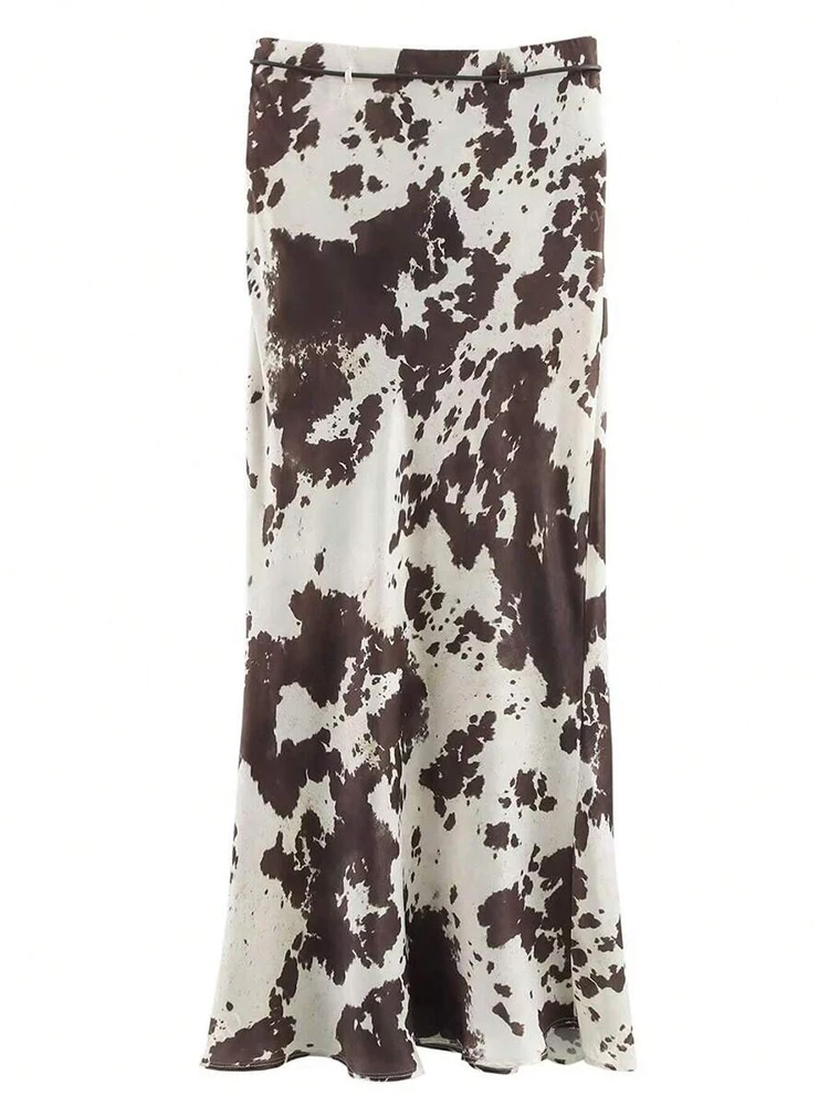 Falda personalizada de media longitud con cordón y estampado de vaca, con un sentido completo de drapeado, versátil para ocasiones informales diarias