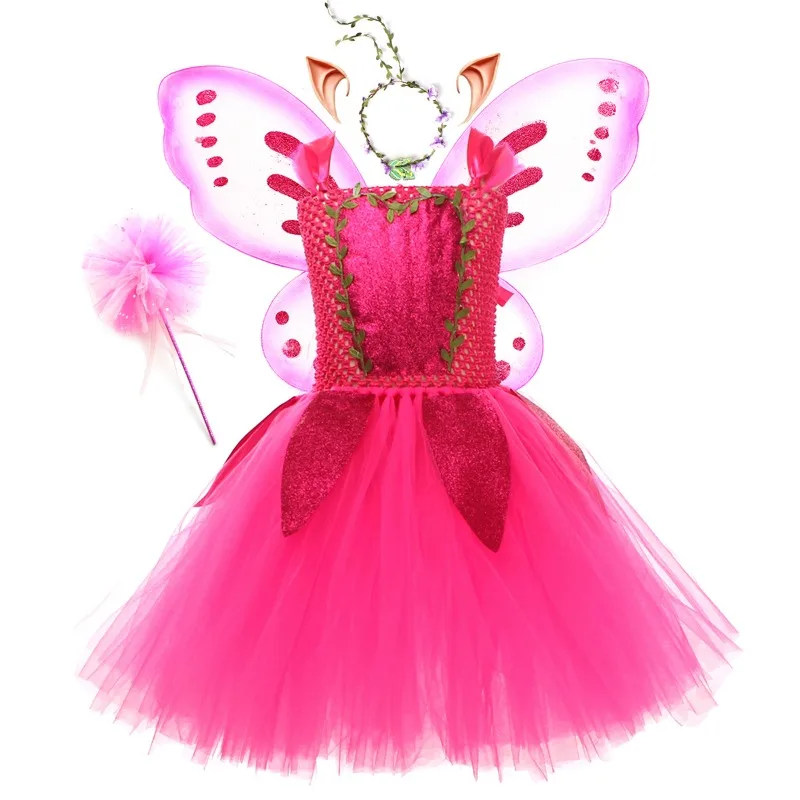 Magenta Elf Princess Tulle Tutu Dress for Girls, Kids Clothes for Halloween & Christmas Party Performances, Outfit for Festivals