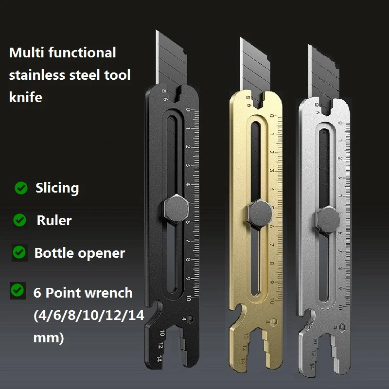 Coltello multiuso in acciaio inossidabile, chiave multifunzionale a scatto 4 in 1 di grado industriale, taglierina per carta da parati in pelle resistente da 18mm