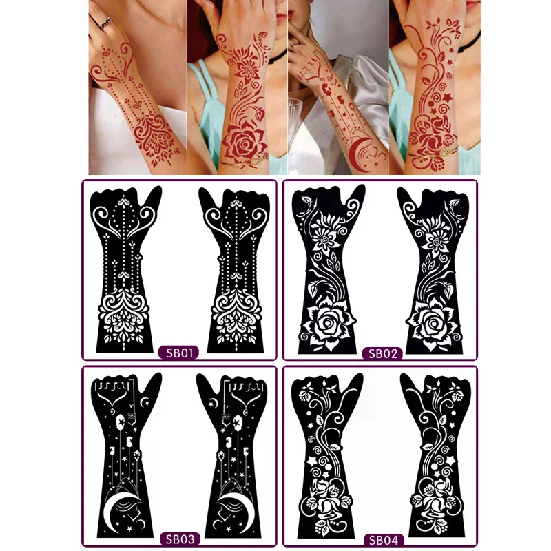 

1Pair Black Hand Transfer Temporary Tattoo Stickers Hand Henna Tattoo Template For Women Body Painting Flowers Tattoo Stencil
