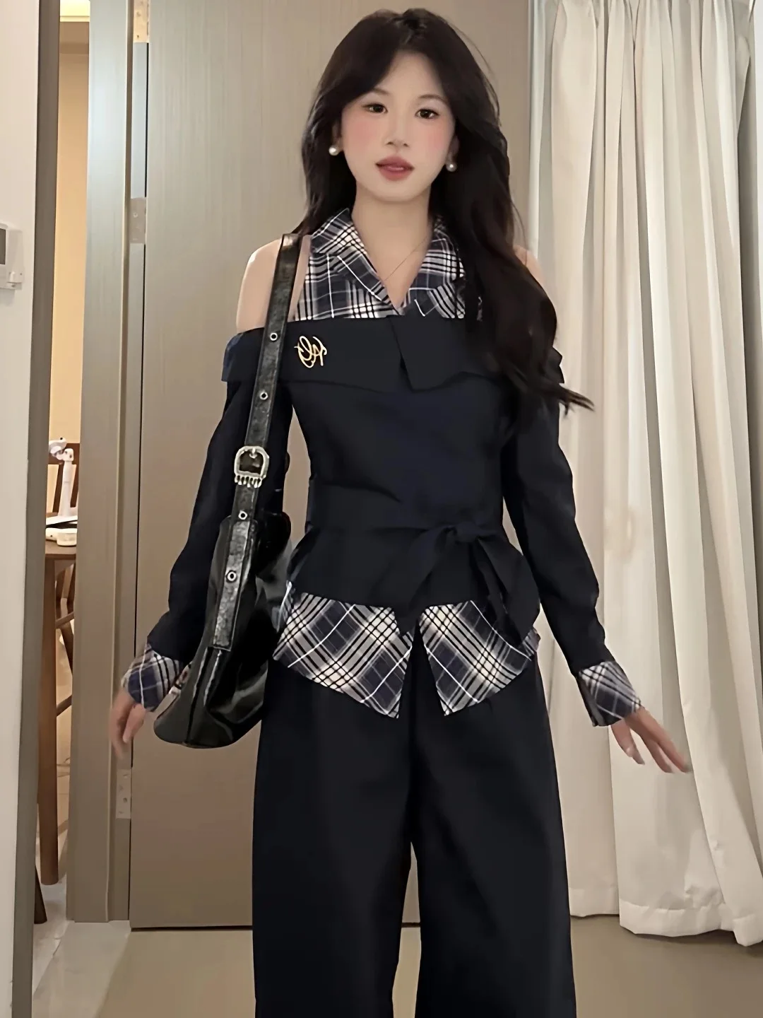 Faionable plus Size Korean Sle College Girl One oulder Plaid Splicing Fake Two-Piece Long Sve Women's Slim Fit irt
