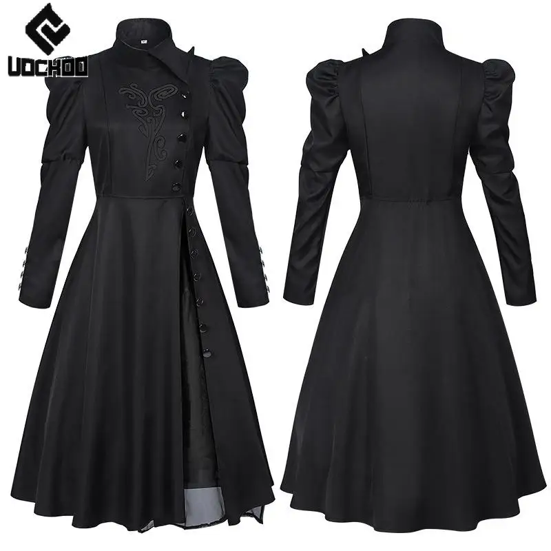 

Witch Black Cosplay Costumes Women Vintage High collar Long Sleeved Dress Suit Witch Uniform European Style Stage Performance