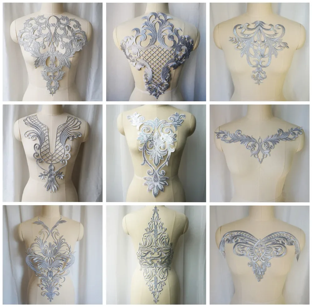 Srebrny haft barokowa siatka cekinowa aplikacja kwiatowa przyszyć żelazna naszywka kołnierz suknia ślubna suknia ślubna ubrania DIY Handwork Craft