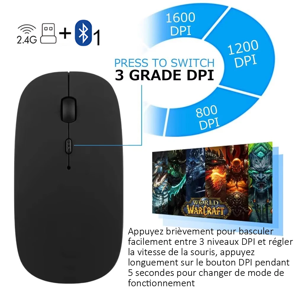 French Dual Mode Three Channel Bluetooth Keyboard and Mouse Combo AZERTY Layout Slim Quiet for PC Laptop Windows IOS Mac Android