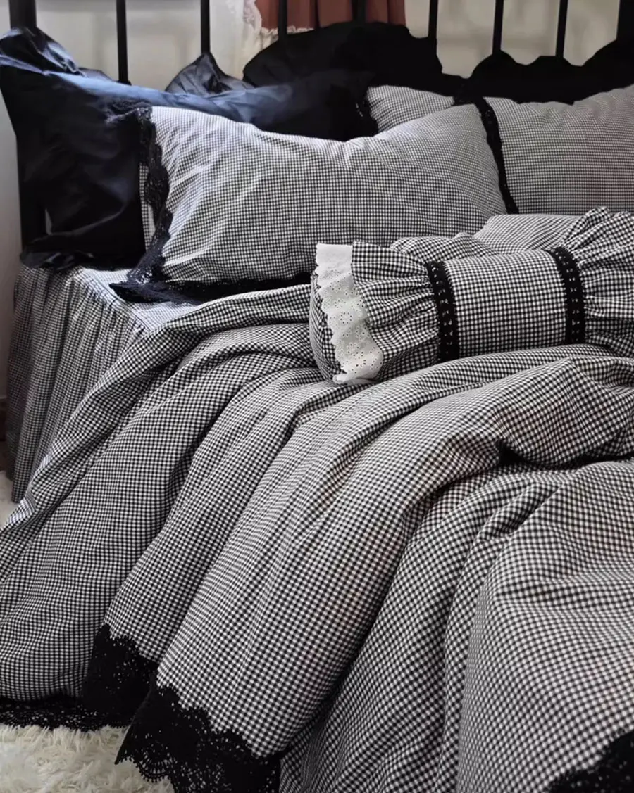 

Elegant brief black plaid bedding set,full queen king vintage ruffled lace cotton home textile bedspread pillow case duvet cover