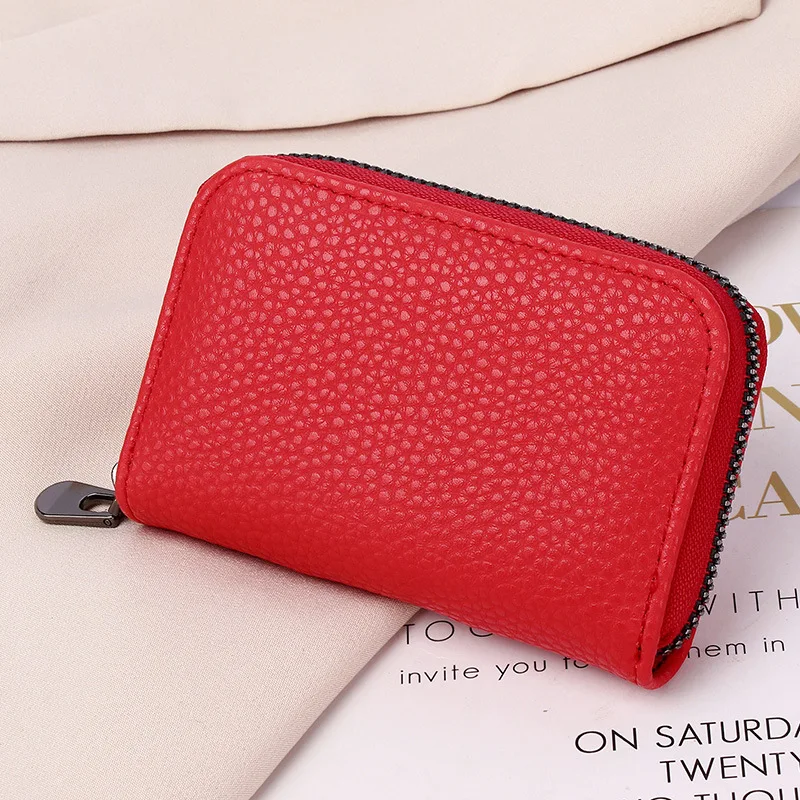 Genuine Leather Men Women Mini Short Wallet Cow Leather Coin Purse Solid Card Holder 20 Detents Card Slots Double Zipper Pocket