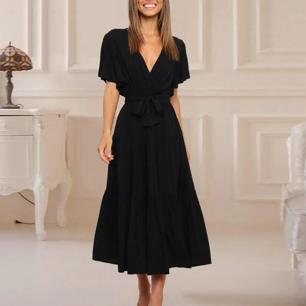 

Women Summer V-neck Short Sleeve Midi Dress High Waist Belt Ruffle Stitching Design Solid Color A-Line Dress Streetwear