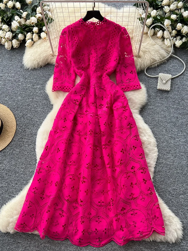 Ele High-Waisted A-Line Dr Women's Hollow out Embroidered Five-Quarter Sve Long Dr Slimming Waist Design