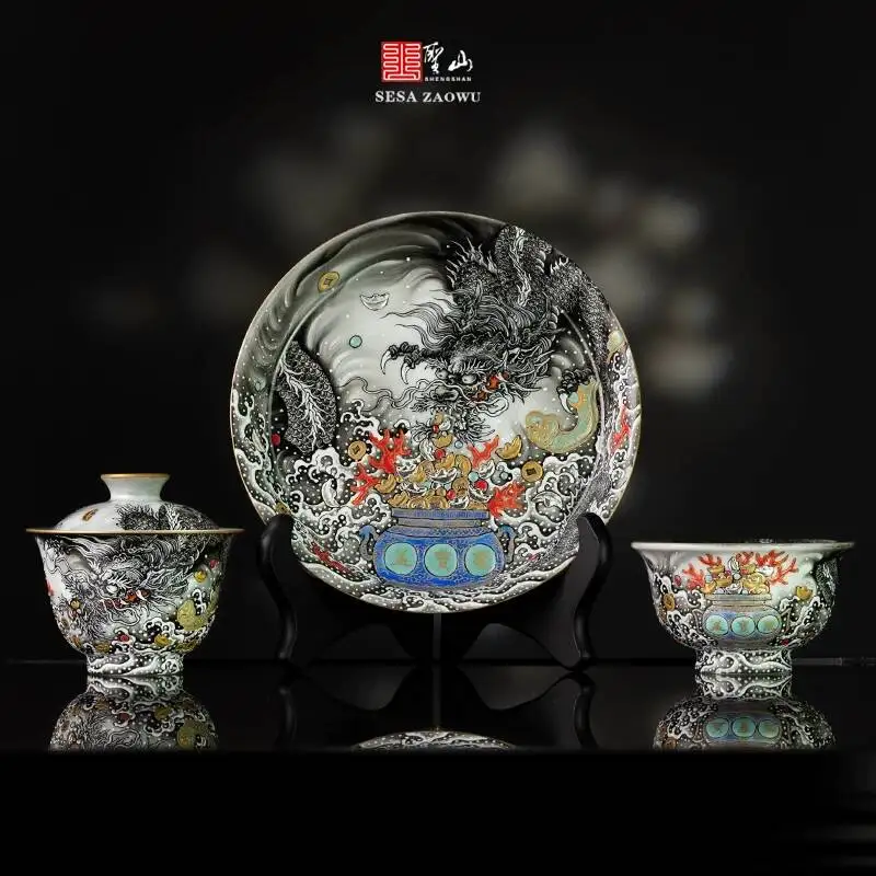 Sacred Mountain Jingdezhen Pastel Ink Dragon Treasure Bowl Hand-Painted Gaiwan Ceramic Set For Brewing Tea