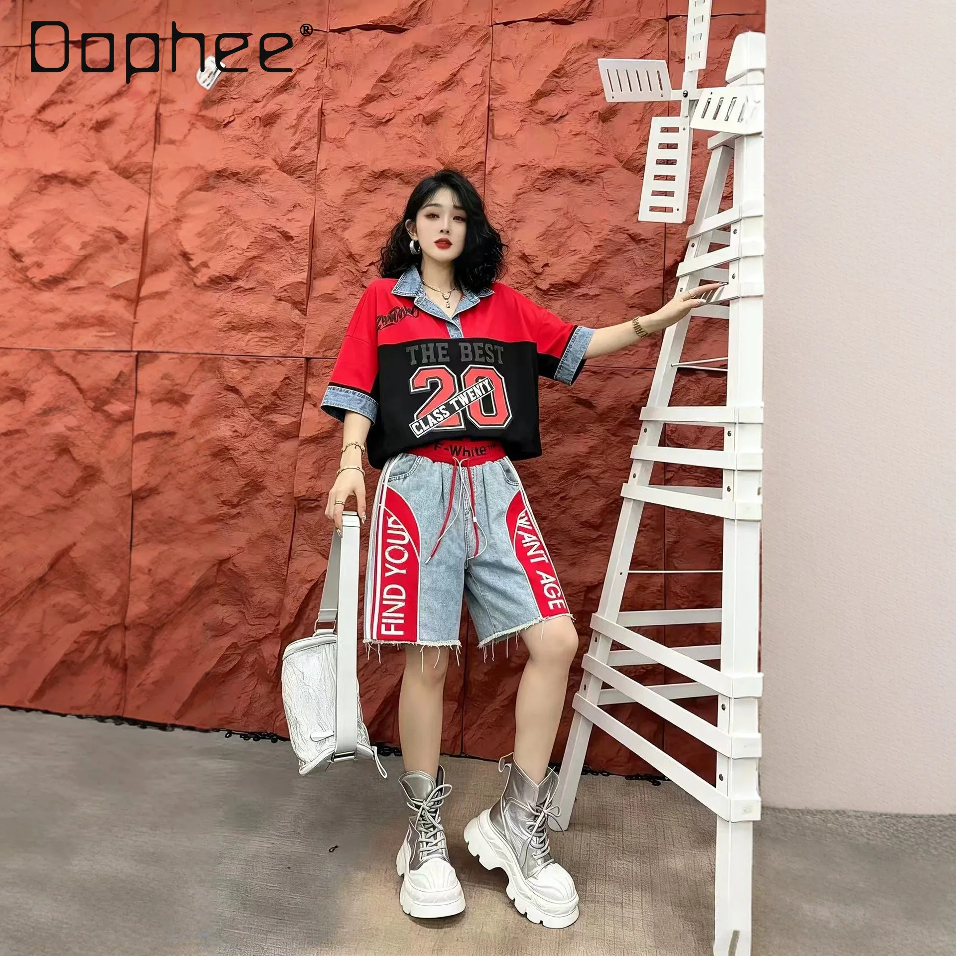 

European Trend Suit Women's 2026 Summer New Alphabet Printing Short-sleeved Top Denim Splicing Contrasting Shorts
