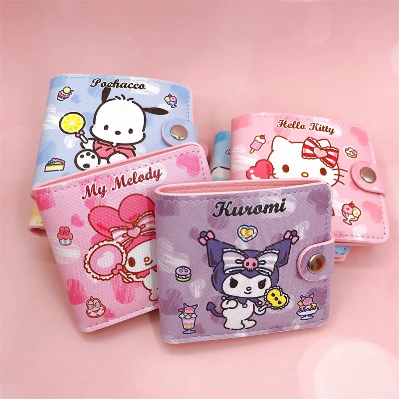 New Kawaii Hello Kitty Cinnamoroll My Melody Kuromi Sanrios New Pu Casual Money Bag Coin Wallet with Buttons Purse Card Holder