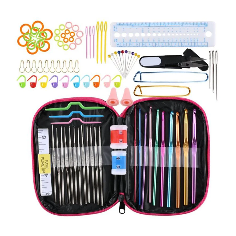 

100pcs Crochet Hooks Set Colorful Aluminum Crochet Hooks Knitting Needles with Accessories Tools (Rosy Case)