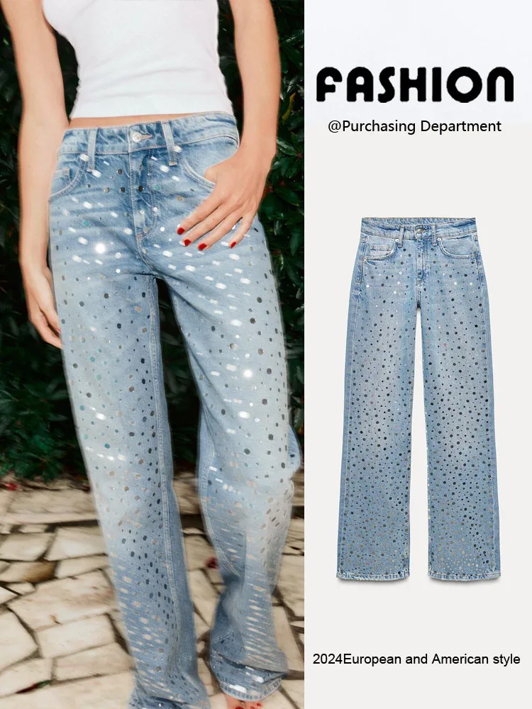 

Moussy женские повседневные широкие джинсы со средней посадкой и блестками, летнее новое поступление, длинные прямые брюки-трубы против морщин