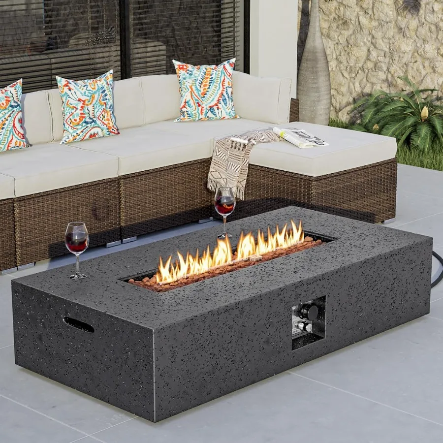 

56inch x 28inch Outdoor Propane Fire Pit Coffee Table with Concrete Rectangle Base 50 000 BTU Heating Capacity Includes Free La
