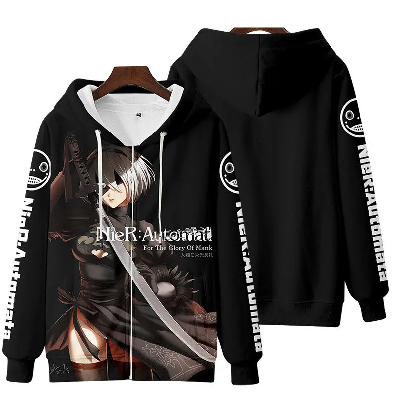 Game NieR Automata 2B YoRHa No. 2 Type B 9S YoRHa No. 9 Type S Cosplay Costume 3D Sweatshirt Men Zipper Hoodies Outwear Coat