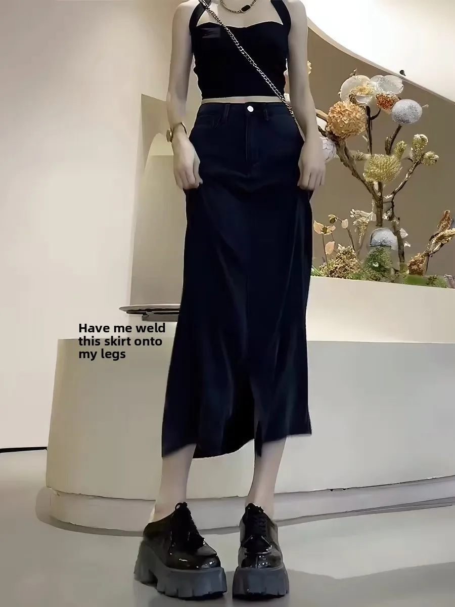 Light Blue Silk Denim Half Skirt Women's Summer Cool Slim Fit Mid-Length Ice Silk Skirt High Waist A-Line Skirt Casual Wear