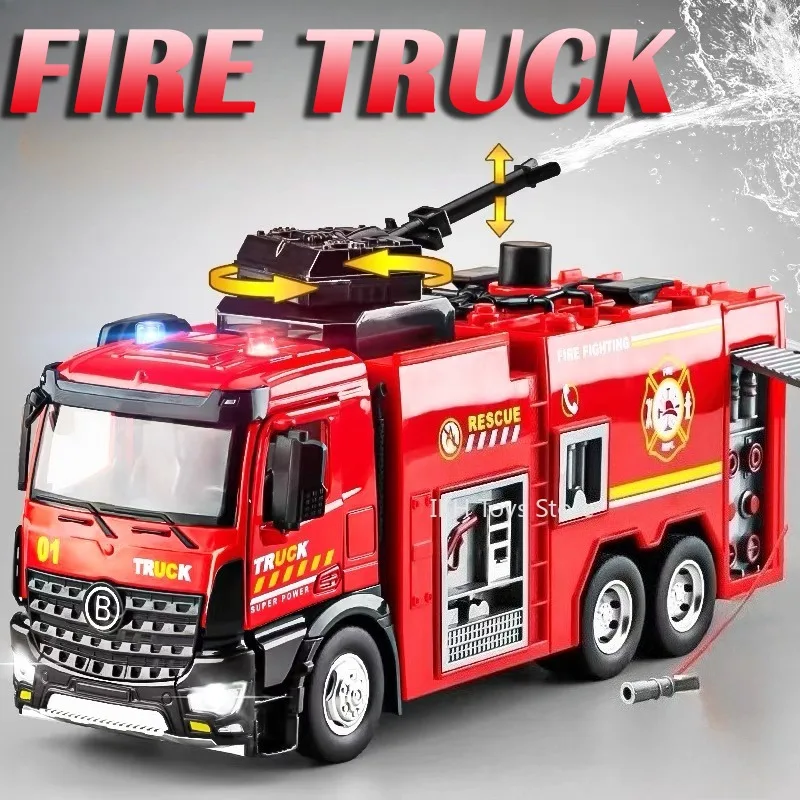 

1:24 Alloy Water Tank Fire Truck Toy Models Metal Diecast Ladder Trucks Sound Light Pull Back Engineering Vehicle for Boys Gifts