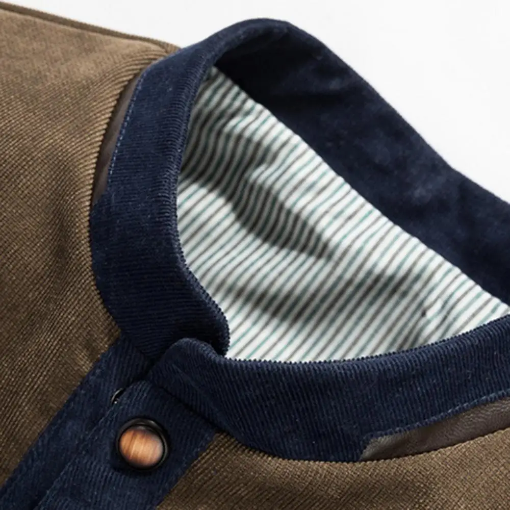 Corduroy Men Jacket Long Sleeve Stand Collar Color Block Buttons Up Baseball Jacket Loose Casual Jacket Men's Cargo Jackets