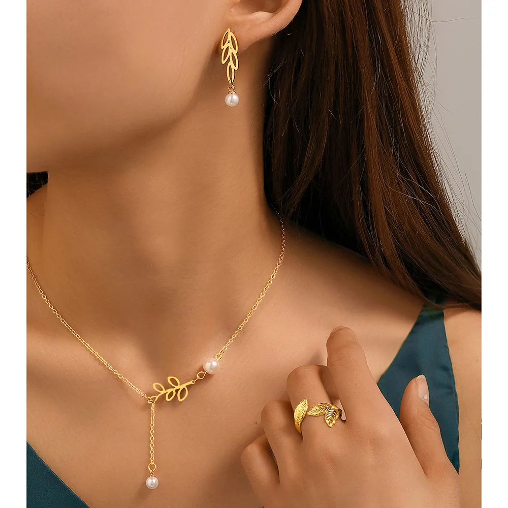 

Boho Leaf Pearl Stud Earrings Ring and Necklace Set, Waterproof and Fadeproof, Women's Jewelry, Wedding Party Favors