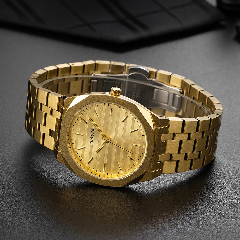 2024 Luxury 18K Gold Watch For Mens Brand PLADEN Business Quartz WristWatch Man Fashion Thin Case Clock Gift Reloj Free Shipping