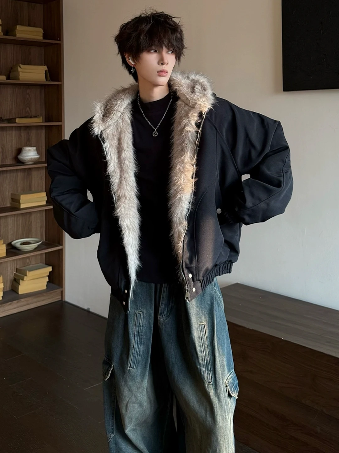 블라 퍼 칼라 남성용 코튼 재킷 후드 파카 따뜻한 가을 겨울 클린핏 아메리칸 레트로 슬림 핏 청년 패션