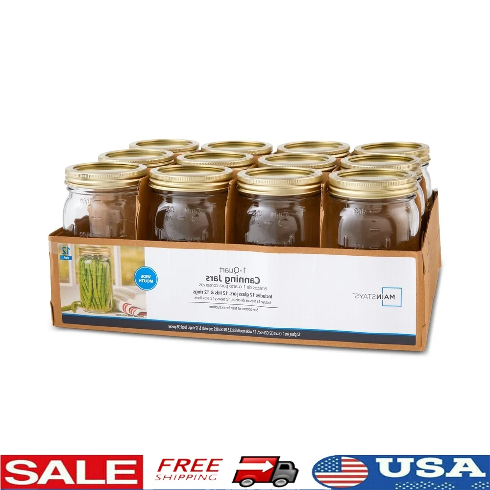 

32oz Clear Glass Canning Jars Wide Mouth 12 Pack Airtight Seal Food Storage Jars with Metal Lids Perfect Preserving Jams Sauces