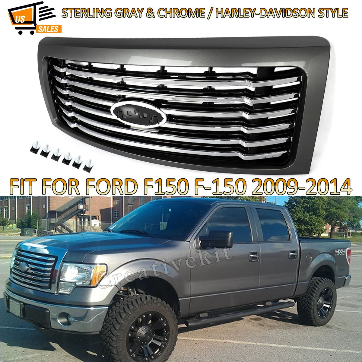 

Стерлингово-серая передняя решетка капота для Ford F150 F-150 Harley-Davidson 2009-2014 годов, передний бампер, верхняя решетка радиатора, сетчатая решетка радиатора