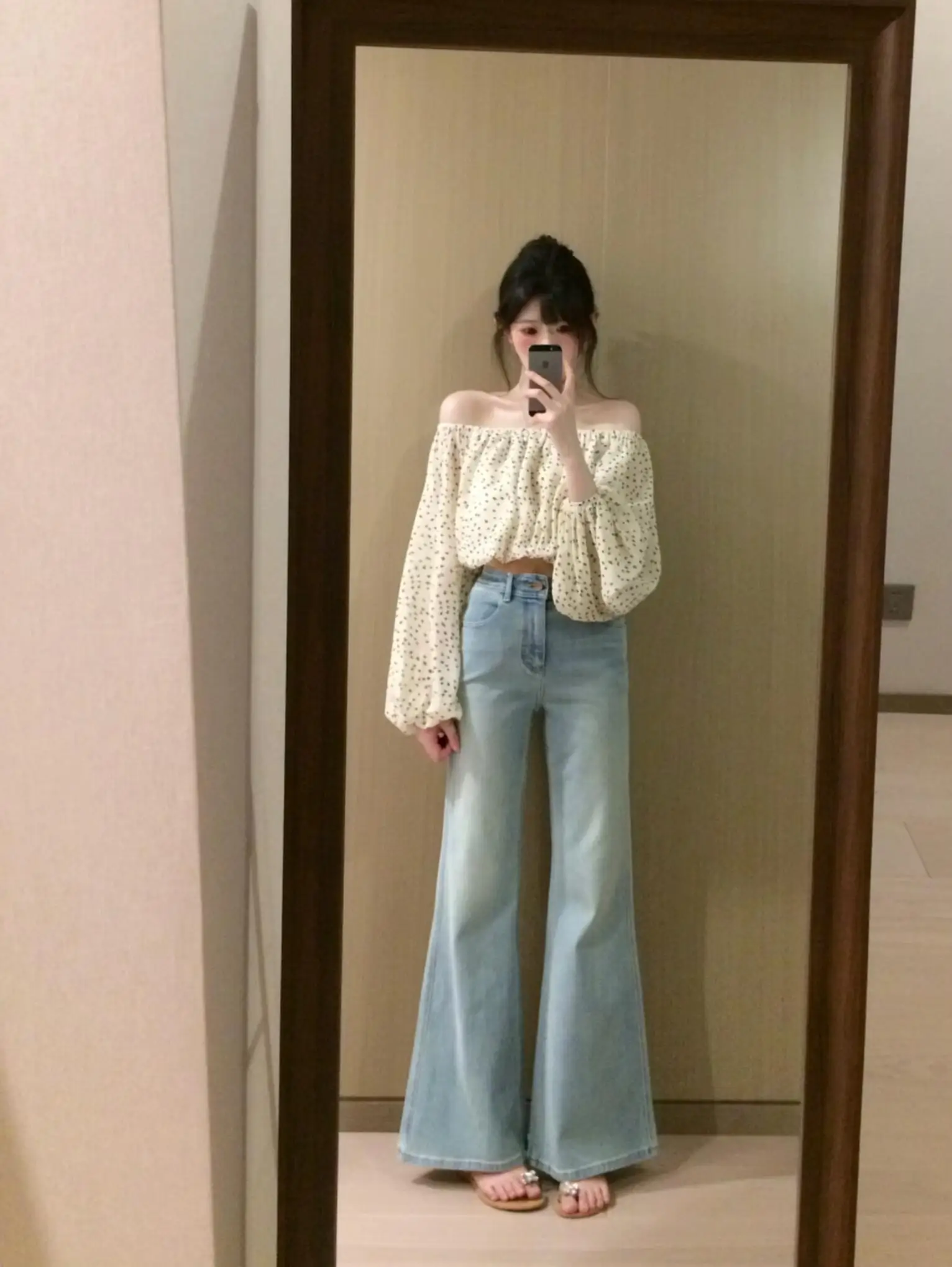 

Модный комплект Kumikumi: рубашка с длинными рукавами в горошек и джинсы с высокой талией, комплект из двух предметов для женщин, весенний сезон