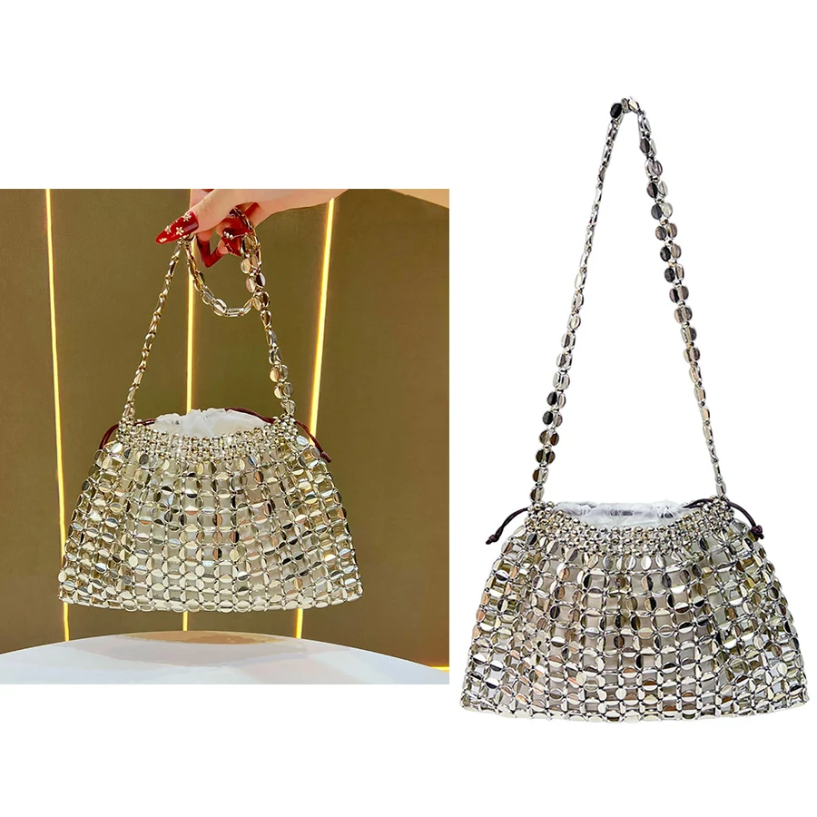 シルバー-ゴールドチェーンクロスボディバッグ女性用スパンコール織り中空ショルダーバッグシンプルなパーティーディナーバッグとインナーバッグハンドバッグ