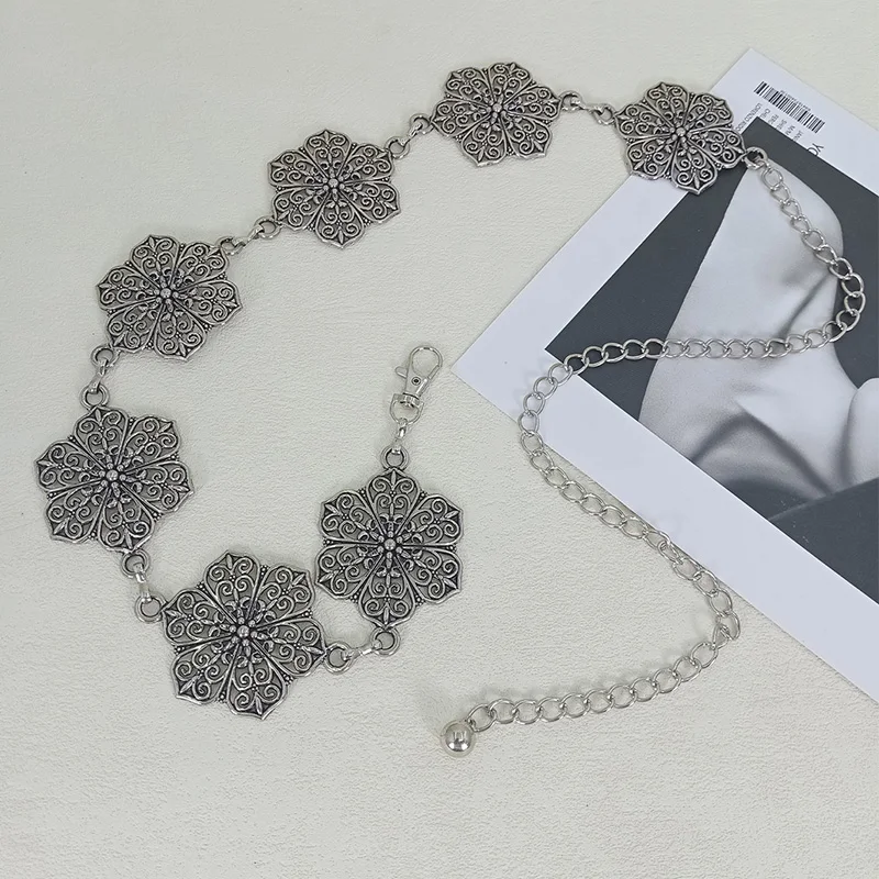 خمر الشظية فلورا المعادن الخصر حزام على شكل سلسلة الهندسة الراقية الفاخرة العلامة التجارية فاسق Y2K فستان جان حزام أحزمة الموضة للنساء