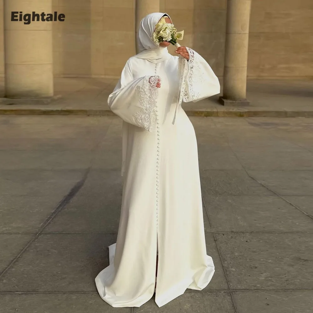 

Арабское свадебное платье Eightale, индивидуальный пошив, атлас цвета слоновой кости, кружевные аппликации, мусульманское платье с длинными рукавами и пуговицами, свадебное платье, праздничное платье для невесты