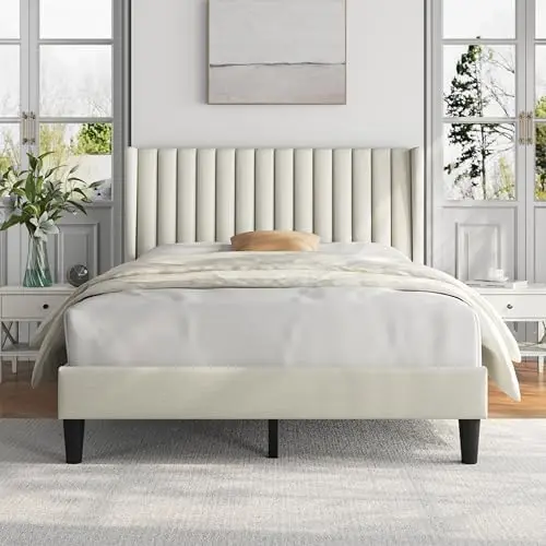 Full Bed Frame with Headboard,Ivory Channel-Tufted Platform | Sturdy wood frame with upholstered linen blend fabric